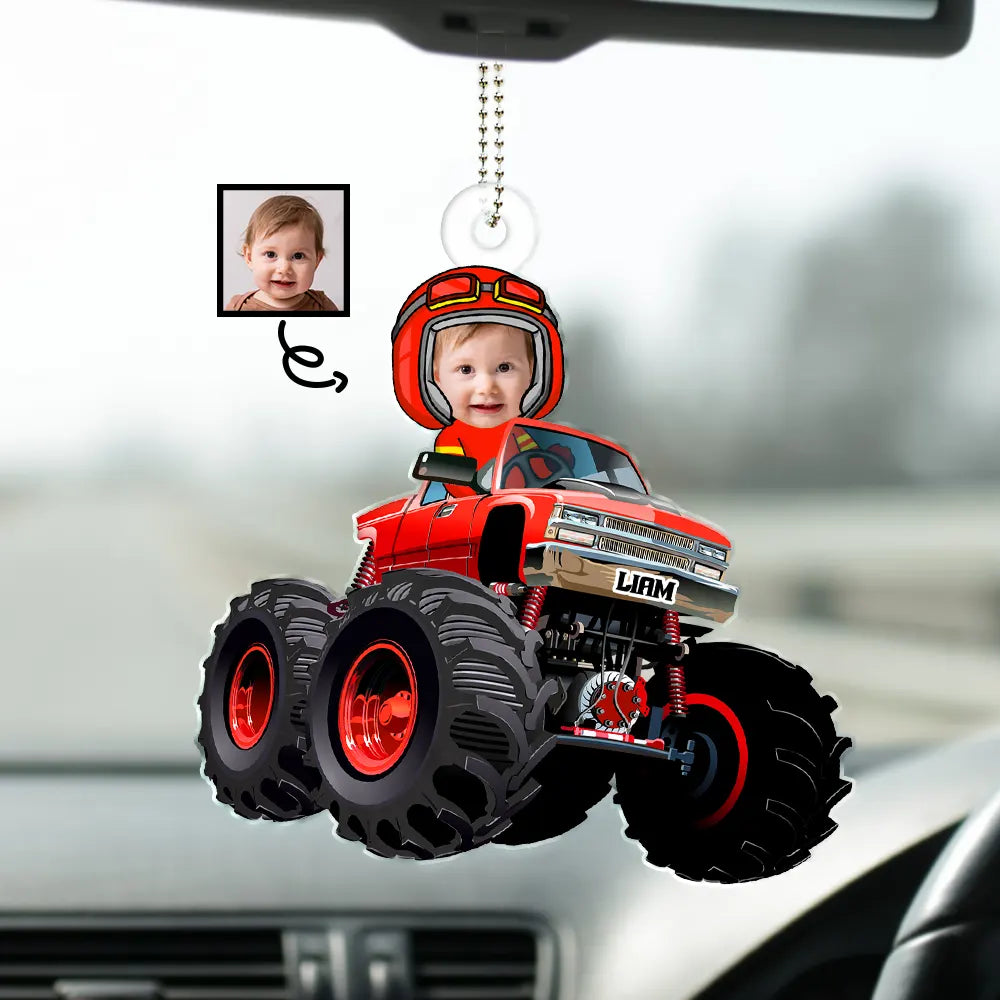 Gift For Father, Gift For Mother - Custom Photo Funny Baby Monster Truck - Personalized Acrylic Car Hanger