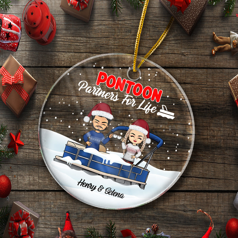 Christmas Pontoon Couple Pontoon Partners For Life - Personalized Custom Circle Acrylic Ornament