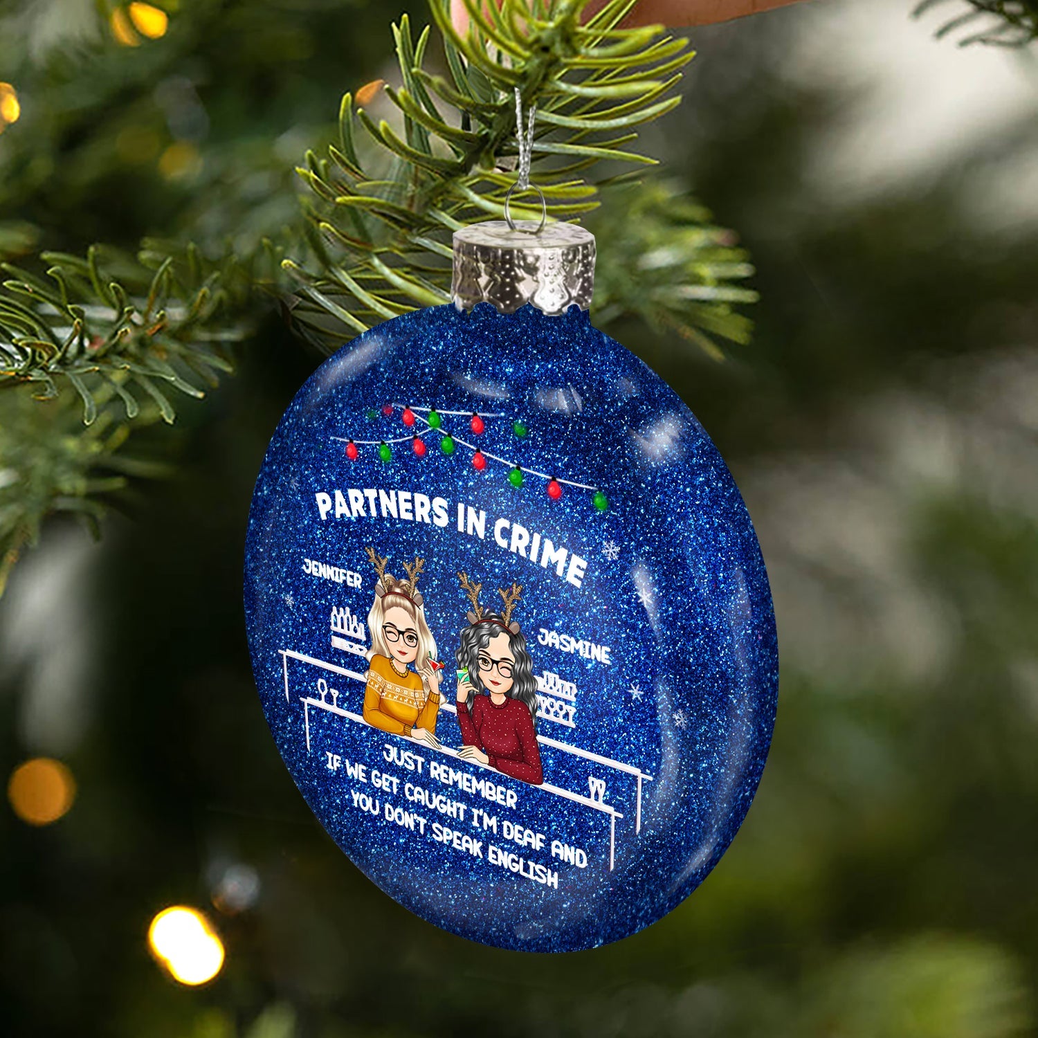 Christmas Bestie Partners In Crime - Gift For Besties - Personalized Glitter Plastic Ornament