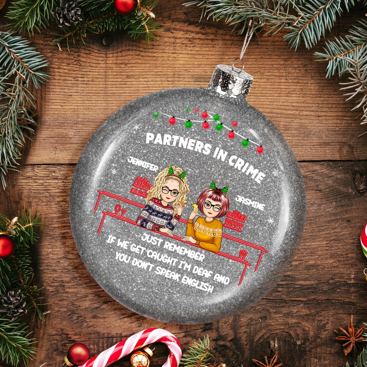 Christmas Bestie Partners In Crime - Gift For Besties - Personalized Glitter Plastic Ornament