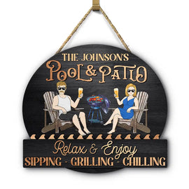 Couple Pool & Patio Sipping Chilling - Personalized Custom Shaped Wood Sign