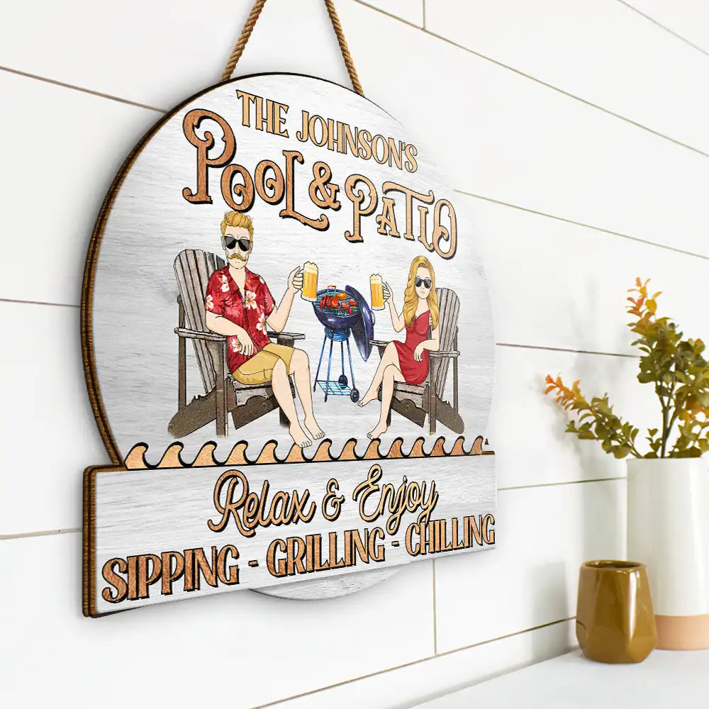 Couple Pool & Patio Sipping Chilling - Personalized Custom Shaped Wood Sign