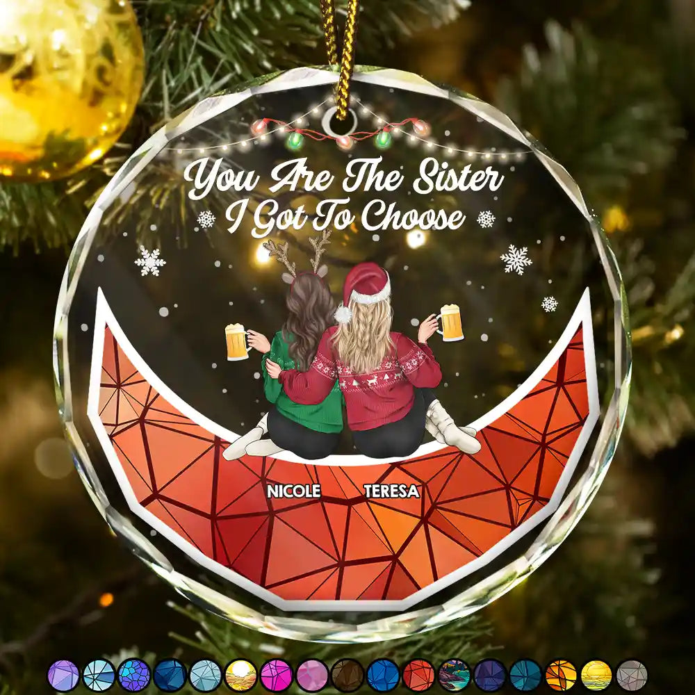 Christmas Bestie On Moon Sister I Got To Choose - Personalized Circle Glass Ornament