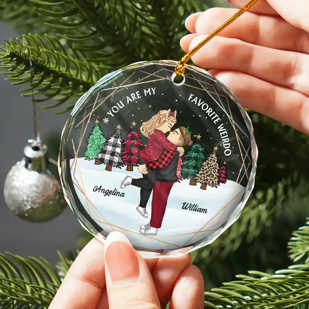 Christmas Couple Cartoon You Are My Favorite Weirdo - Personalized Circle Glass Ornament