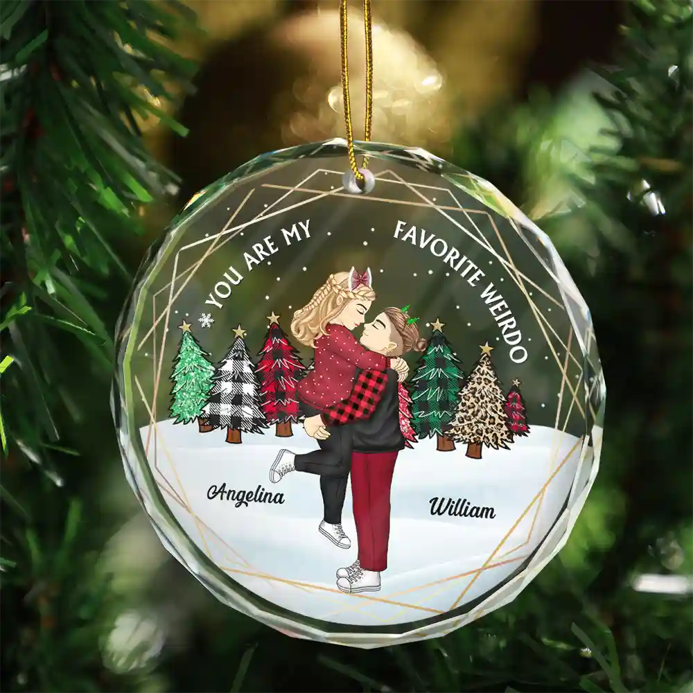 Christmas Couple Cartoon You Are My Favorite Weirdo - Personalized Circle Glass Ornament