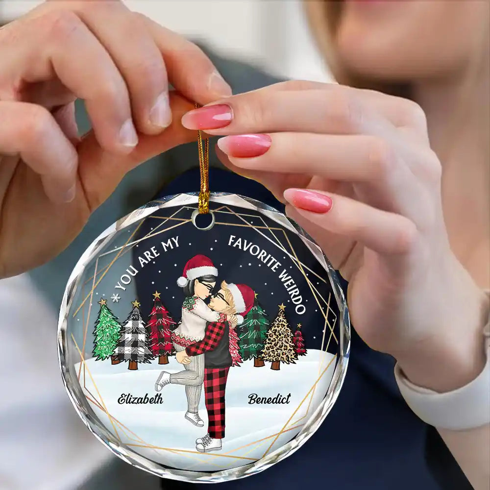 Christmas Couple Cartoon You Are My Favorite Weirdo - Personalized Circle Glass Ornament