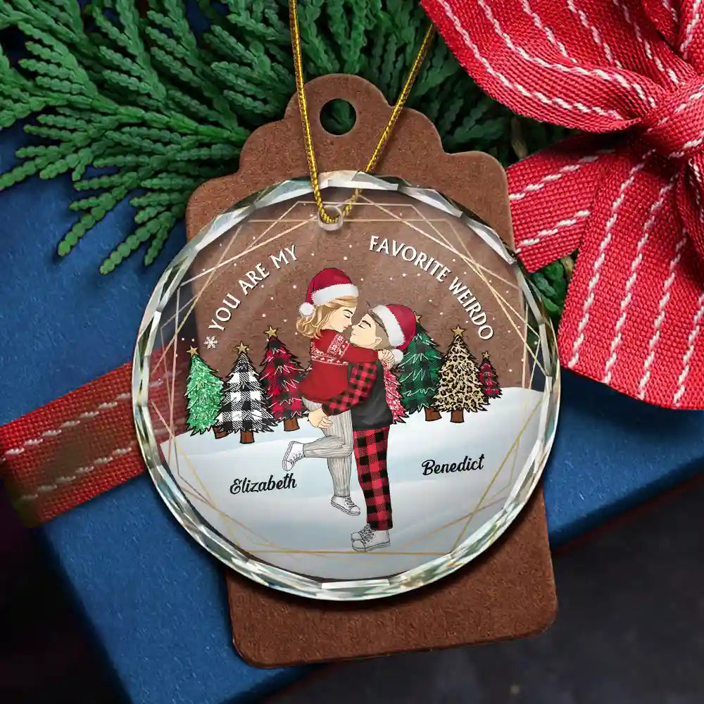 Christmas Couple Cartoon You Are My Favorite Weirdo - Personalized Circle Glass Ornament