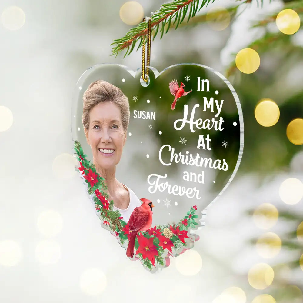 Family - Custom Photo In Our Heart At Christmas And Forever - Personalized Custom Shaped Acrylic Ornament