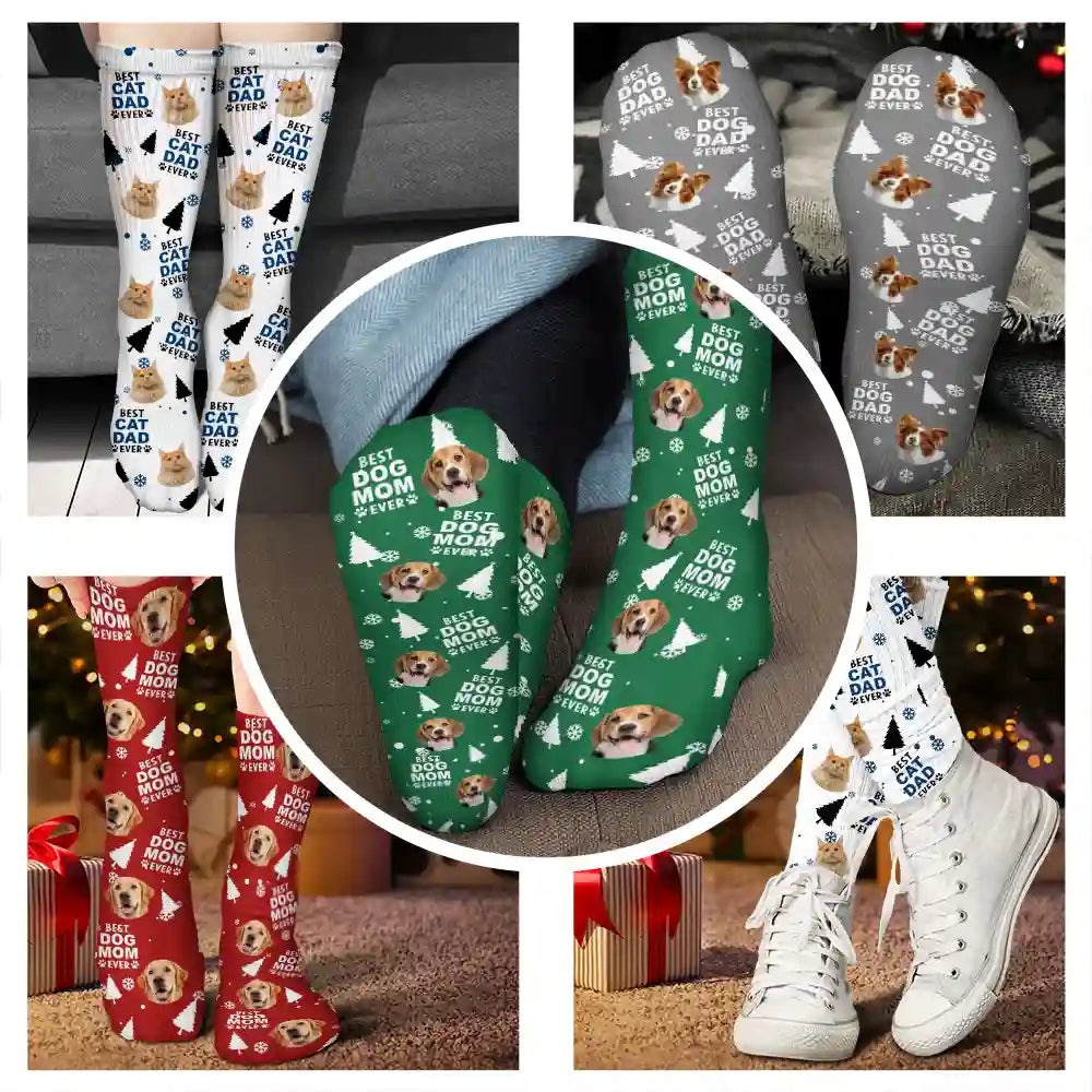 Pet Lovers - Custom Photo Best Dog Cat Dad Mom Ever Christmas - Personalized Socks