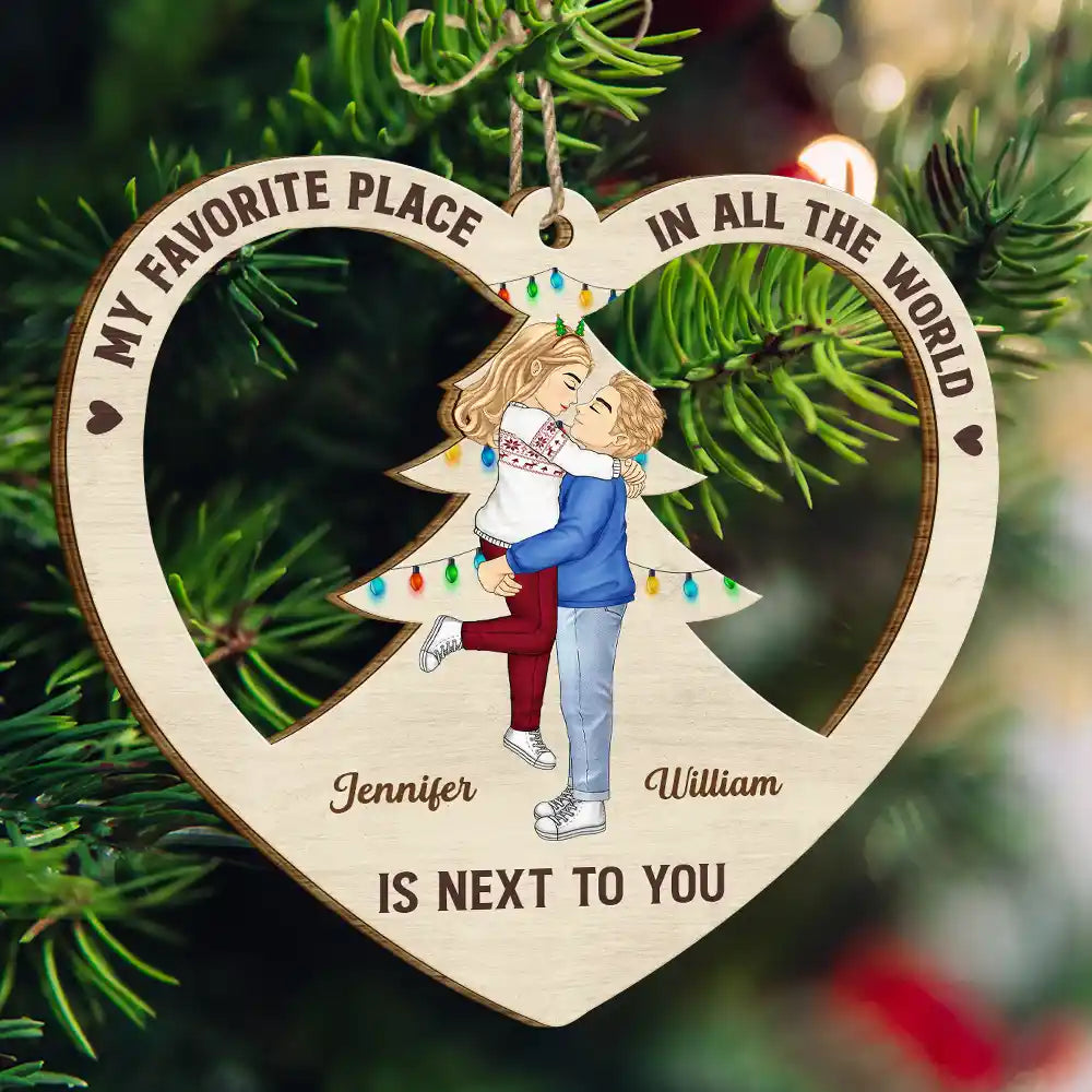 Gift For Couples - Christmas Couple Kissing My Favorite Place In All The World - Personalized Wooden Cutout Ornament