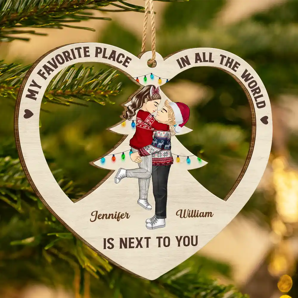 Christmas Couple Kissing My Favorite Place In All The World - Personalized Wooden Cutout Ornament