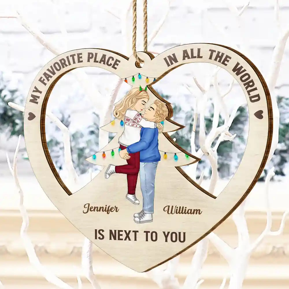 Gift For Couples - Christmas Couple Kissing My Favorite Place In All The World - Personalized Wooden Cutout Ornament