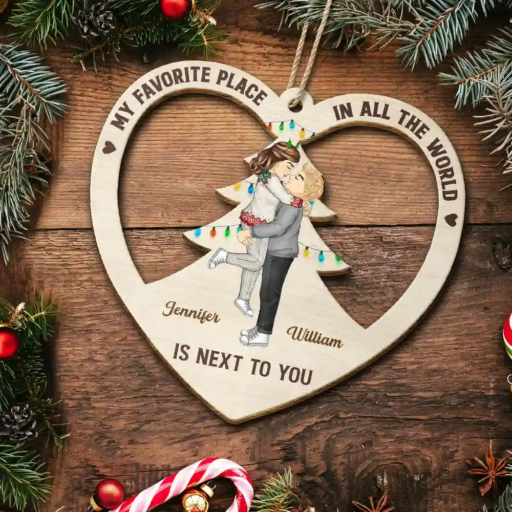 Gift For Couples - Christmas Couple Kissing My Favorite Place In All The World - Personalized Wooden Cutout Ornament