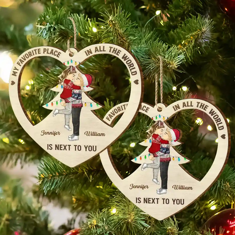 Gift For Couples - Christmas Couple Kissing My Favorite Place In All The World - Personalized Wooden Cutout Ornament