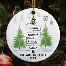 Family - Christmas Family Lamp Post Sign - Personalized Circle Ceramic Ornament