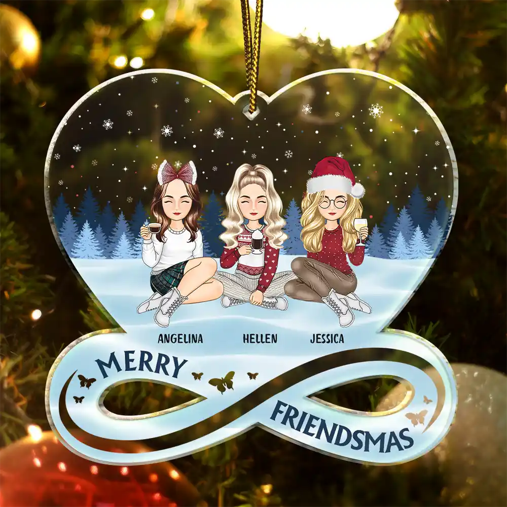 Christmas,Gift For Bestie,Happy - Christmas Cartoon Merry Friendsmas - Personalized Custom Shaped Acrylic Ornament