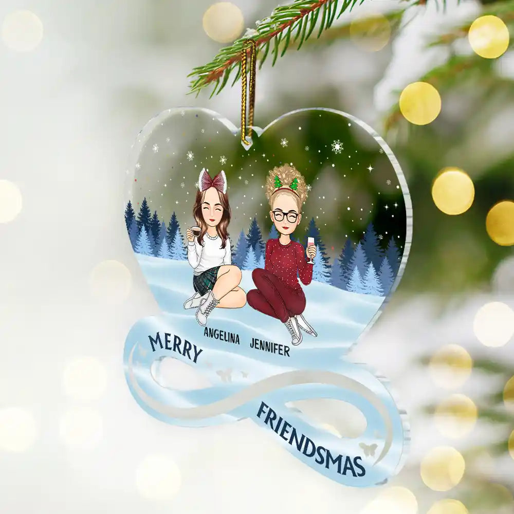 Christmas,Gift For Bestie,Happy - Christmas Cartoon Merry Friendsmas - Personalized Custom Shaped Acrylic Ornament