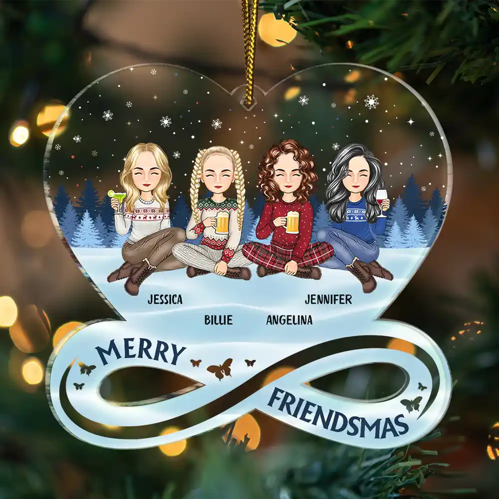 Christmas,Gift For Bestie,Happy - Christmas Cartoon Merry Friendsmas - Personalized Custom Shaped Acrylic Ornament