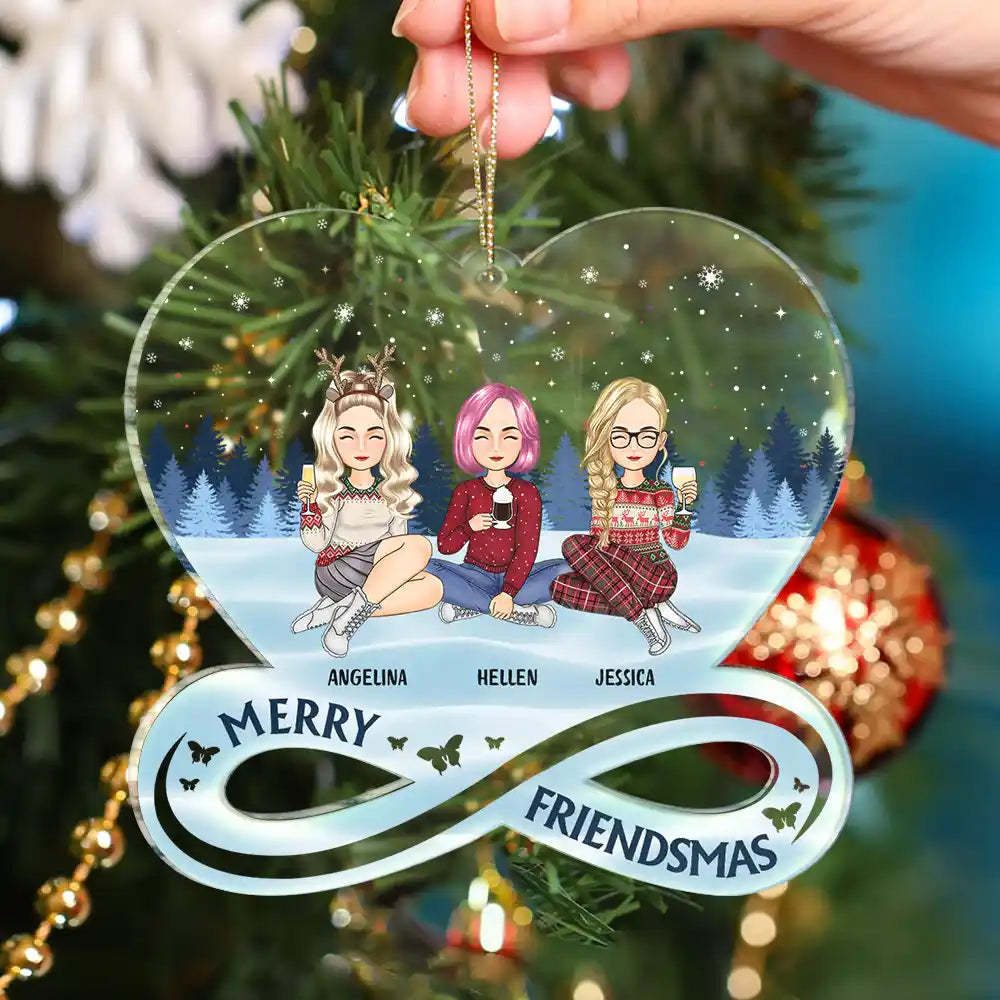 Christmas,Gift For Bestie,Happy - Christmas Cartoon Merry Friendsmas - Personalized Custom Shaped Acrylic Ornament