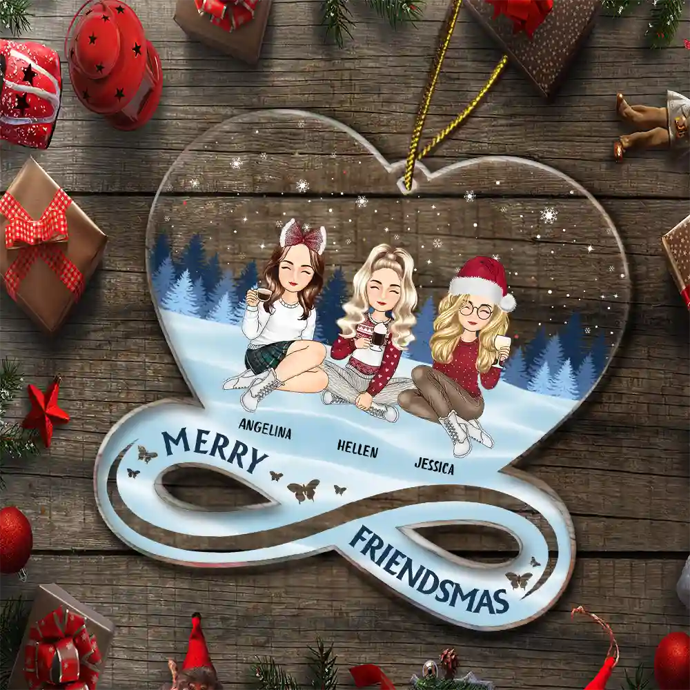 Christmas,Gift For Bestie,Happy - Christmas Cartoon Merry Friendsmas - Personalized Custom Shaped Acrylic Ornament