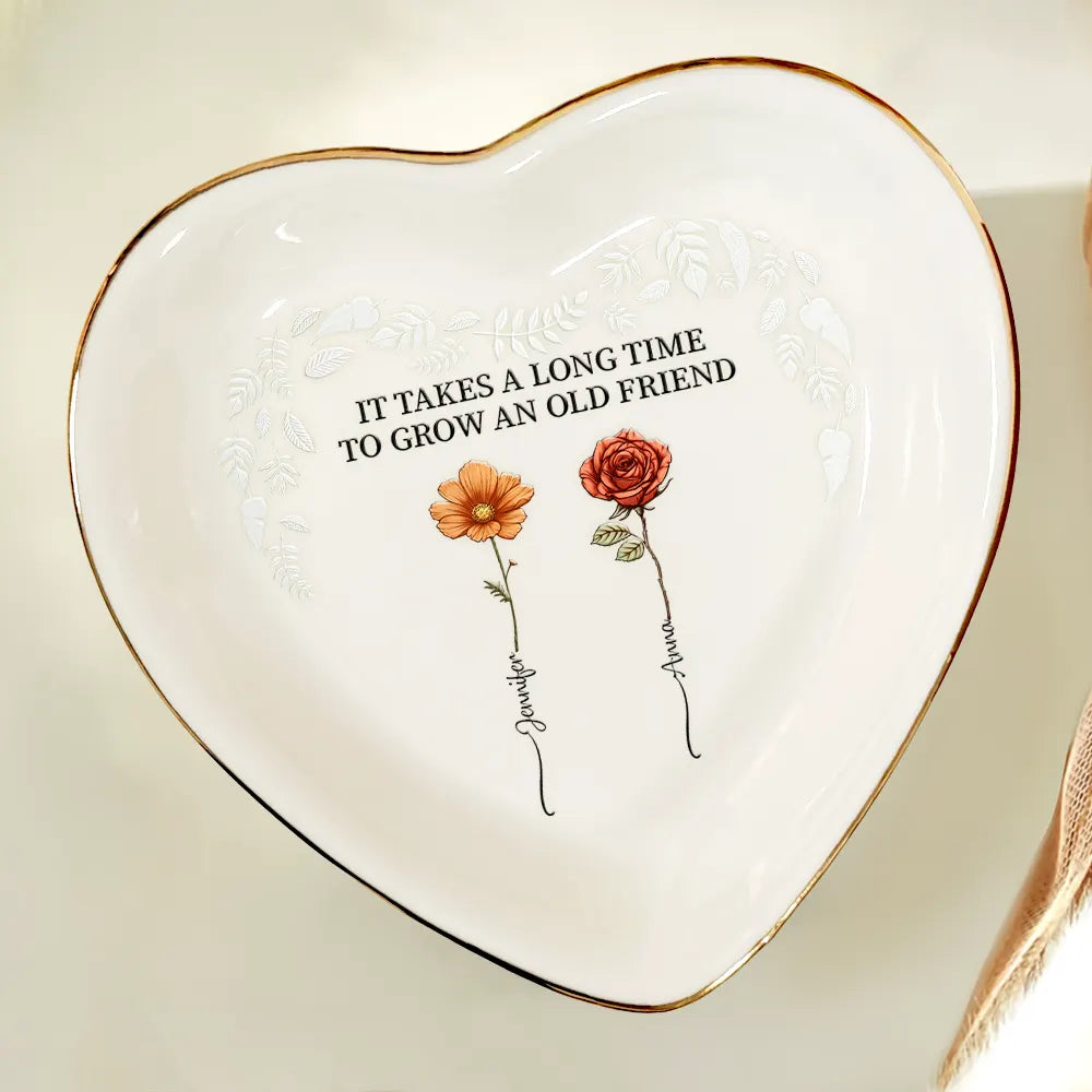 Gift For Bestie - Birth Flower Grow An Old Friend - Personalized Heart Ring Dish