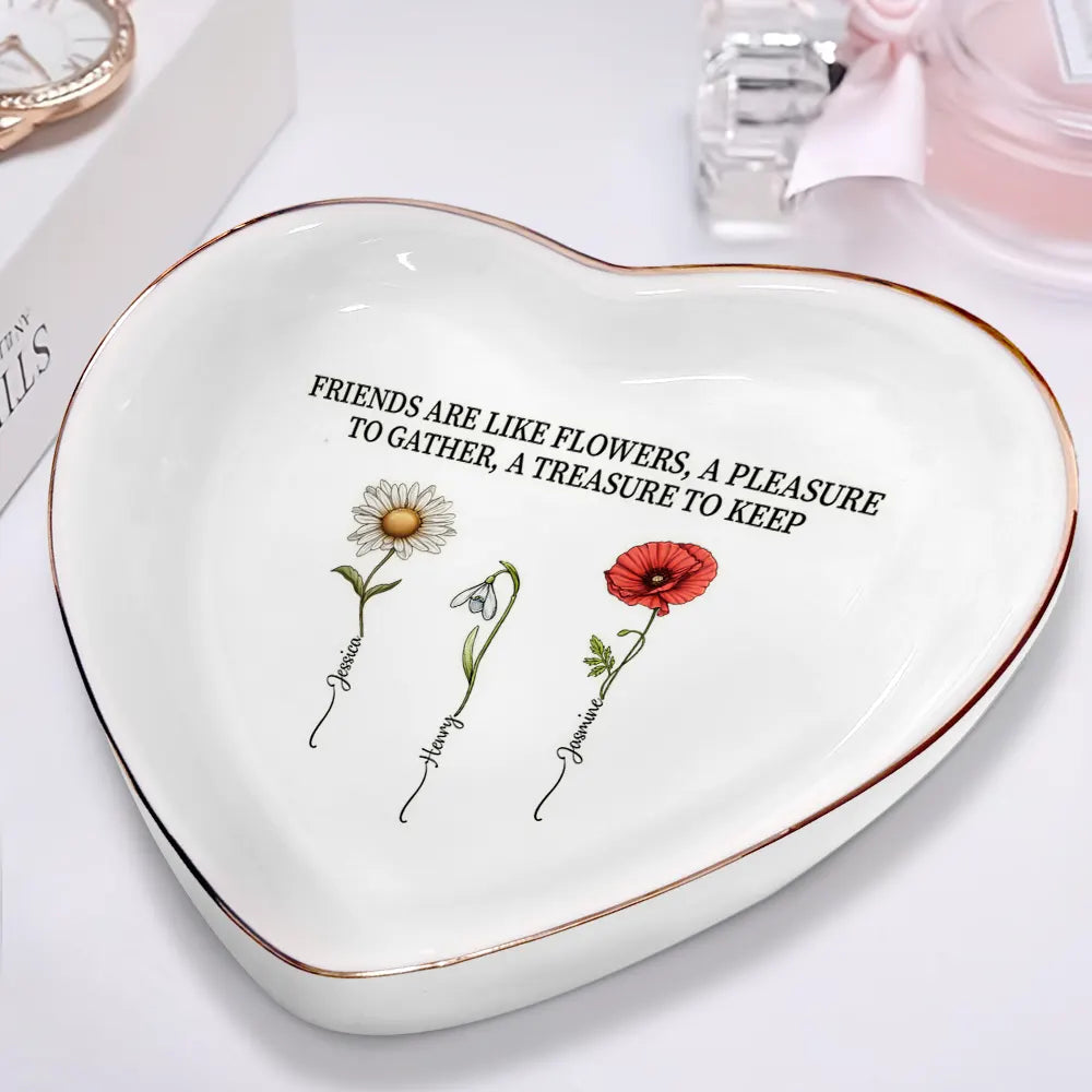 Gift For Bestie - Birth Flower Grow An Old Friend - Personalized Heart Ring Dish