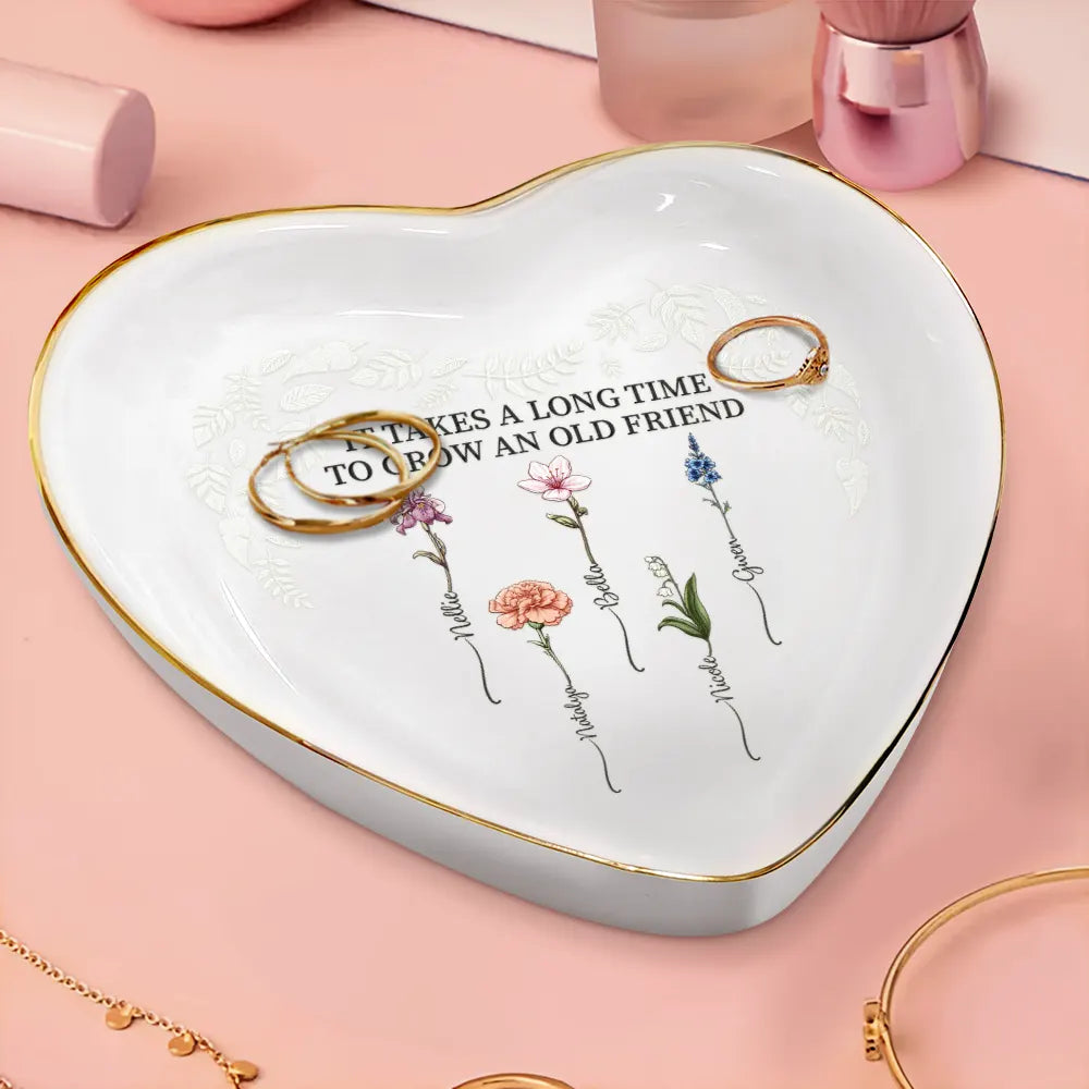 Gift For Bestie - Birth Flower Grow An Old Friend - Personalized Heart Ring Dish