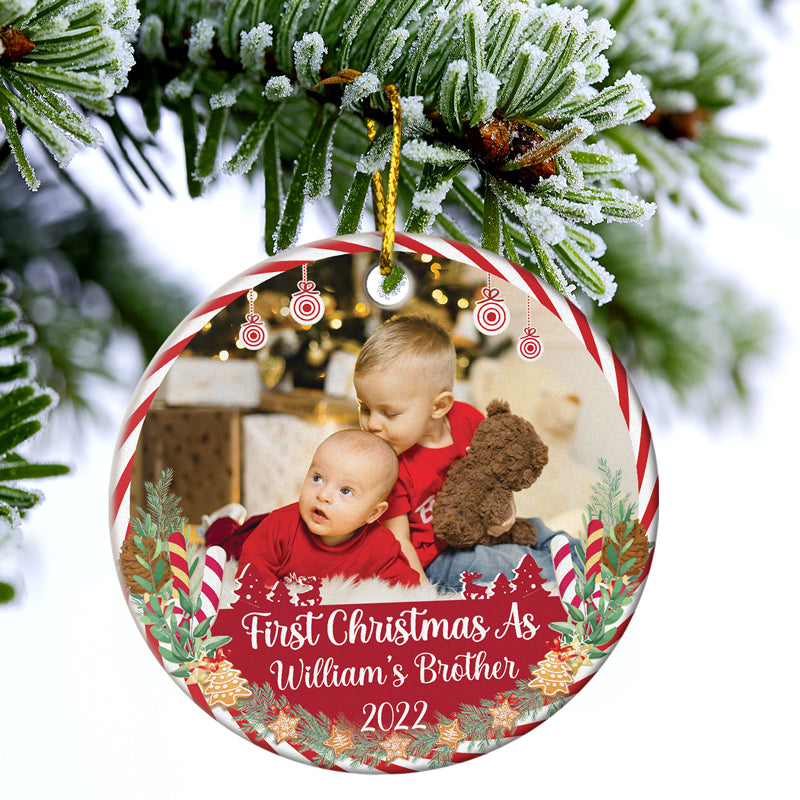 Custom Photo First Christmas As Grandpa Grandma - Christmas Gift For Family - Personalized Custom Circle Ceramic Ornament