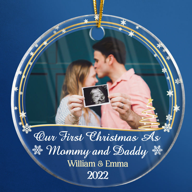 Custom Photo Our First Christmas As Family - Christmas Gift For Family And Couple - Personalized Custom Circle Acrylic Ornament