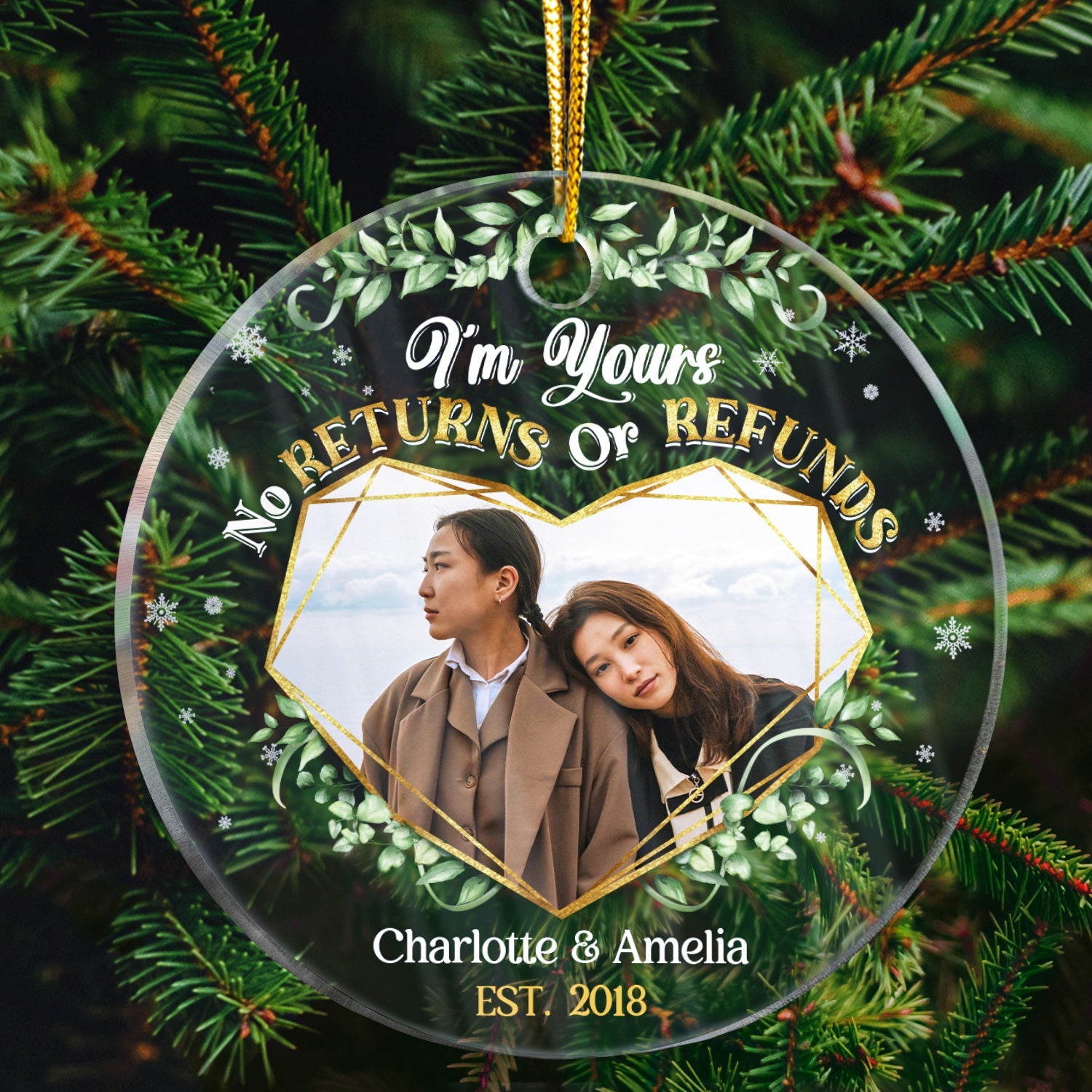 Custom Photo I'm Yours No Returns Or Refunds - Christmas Gift For Couple - Personalized Custom Circle Acrylic Ornament