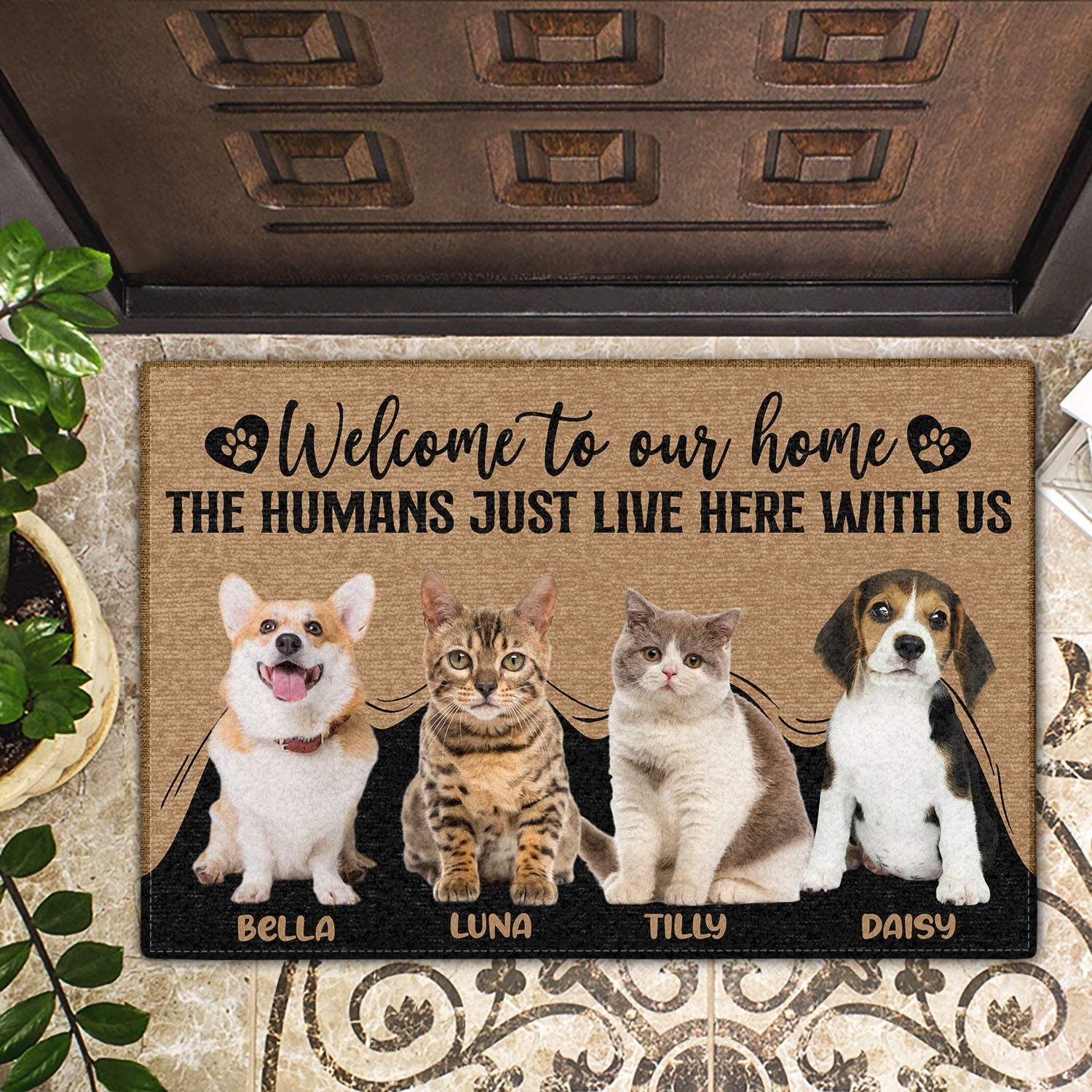 Custom Photo The Humans Just Live Here With Us - Gift For Dog Lovers And Cat Lovers - Personalized Custom Doormat