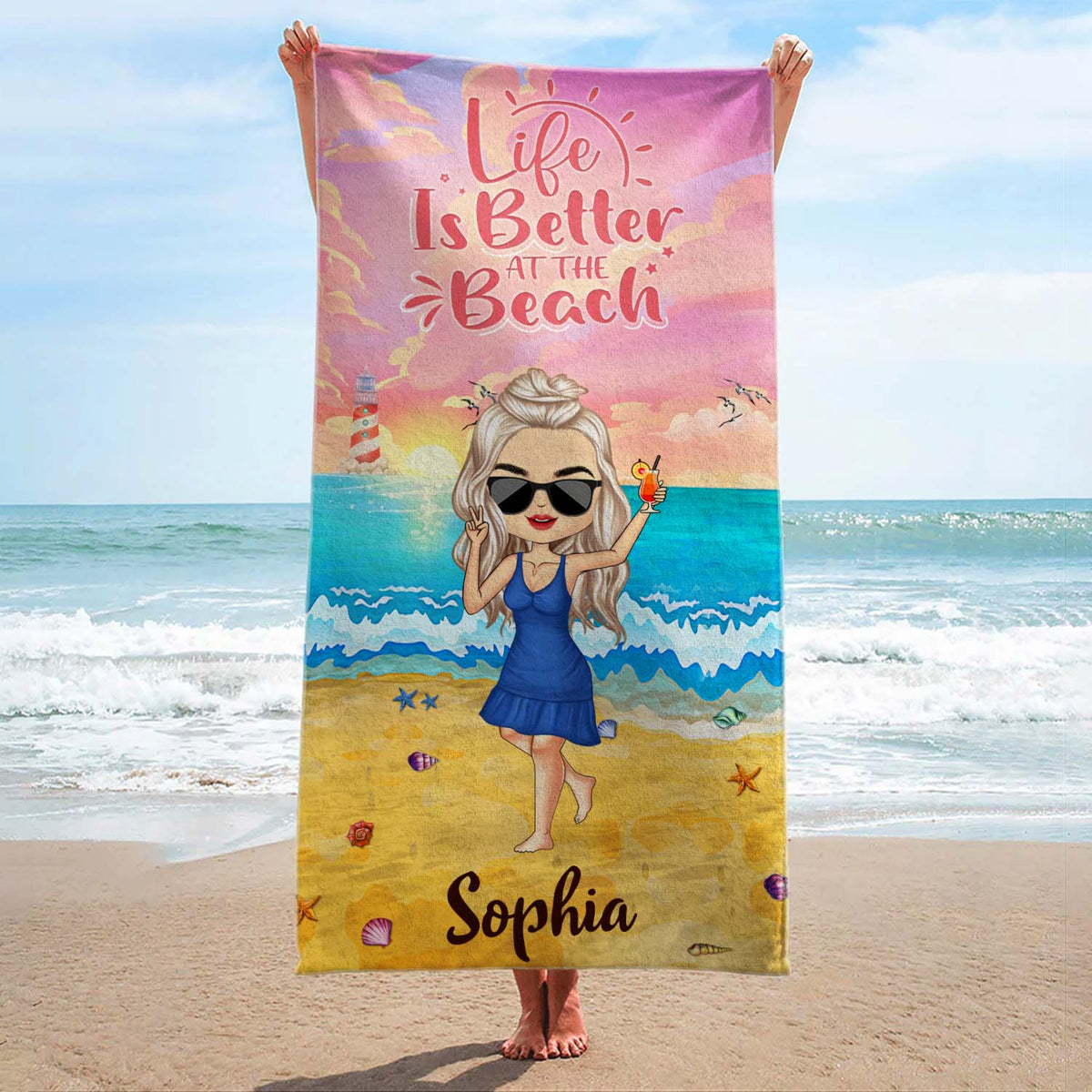 Salty Lil Beach Chibi Woman Man - Gift For Beach Lovers - Personalized Custom Beach Towel