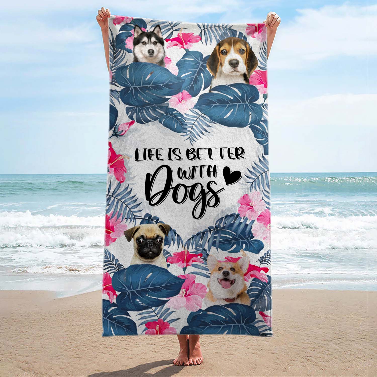 Custom Photo Life Is Better With Dog Cat - Funny Gift For Wife, Husband, Mom, Dog Mom, Dad, Dog Dad, Cat Mom, Cat Dad, Pet Lovers - Personalized Custom Beach Towel