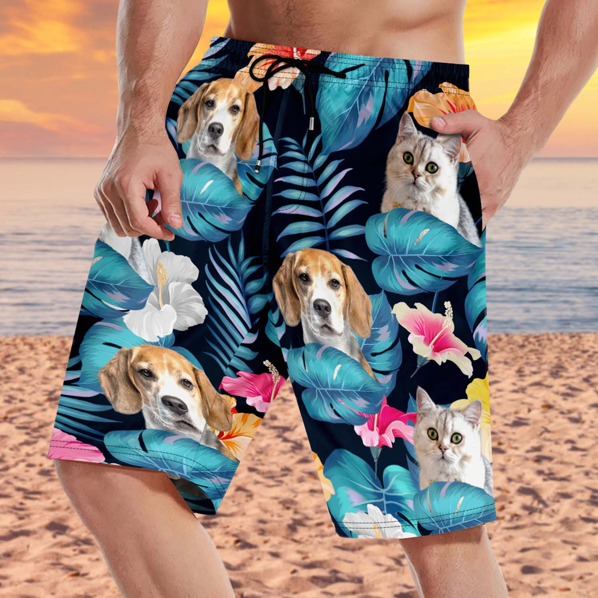 Custom Photo Funny Family Pet Face - Funny Gift For Pet Lovers, Dog Mom, Cat Mom, Dog Dad, Cat Dad - Personalized Custom Unisex Beach Shorts