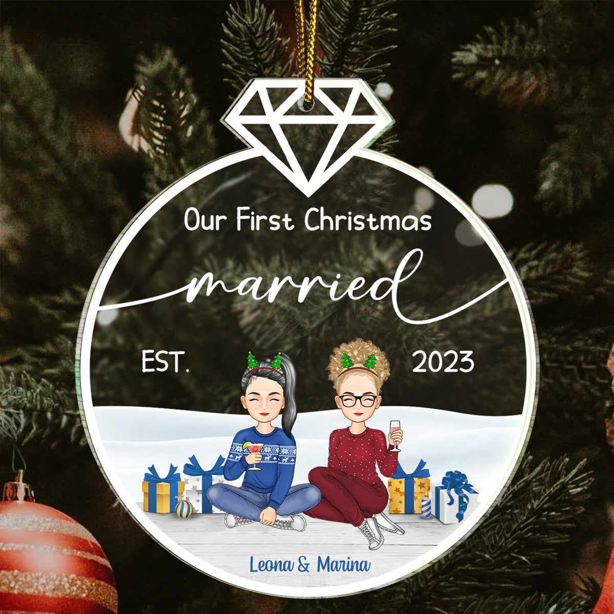 Cartoon Our First Christmas Married - Gift For Couples - Personalized Custom Shaped Acrylic Ornament