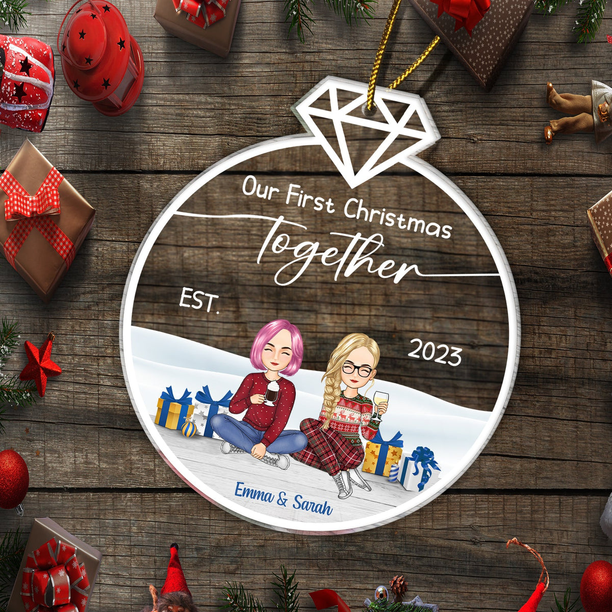 Cartoon Our First Christmas Married - Gift For Couples - Personalized Custom Shaped Acrylic Ornament