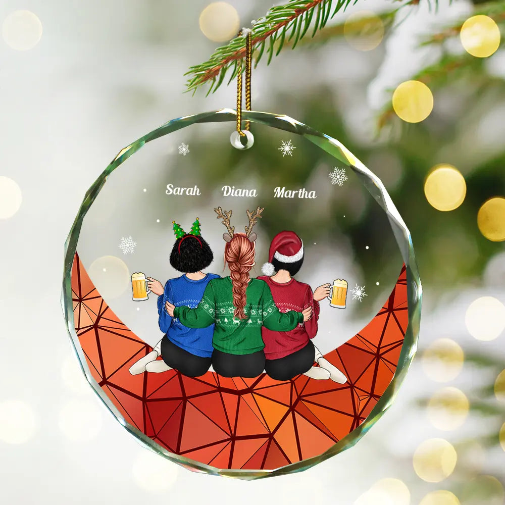 Christmas Besties Sister Sitting On The Moon - Personalized Circle Glass Ornament