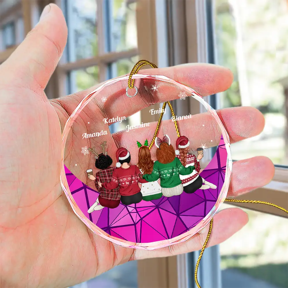 Christmas Besties Sister Sitting On The Moon - Personalized Circle Glass Ornament