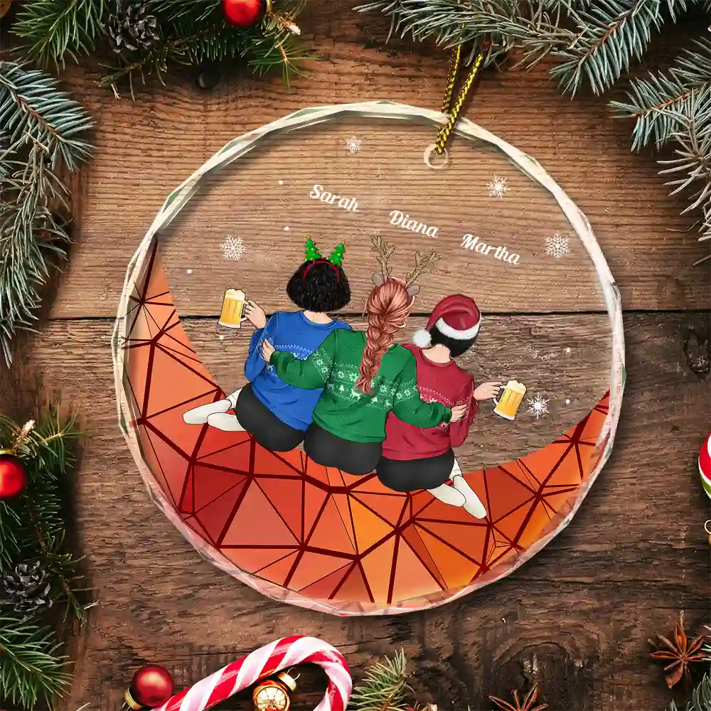 Christmas Besties Sister Sitting On The Moon - Personalized Circle Glass Ornament