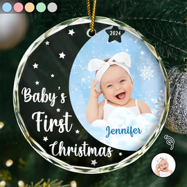 Custom Photo New Baby's First Christmas - Personalized Circle Glass Ornament