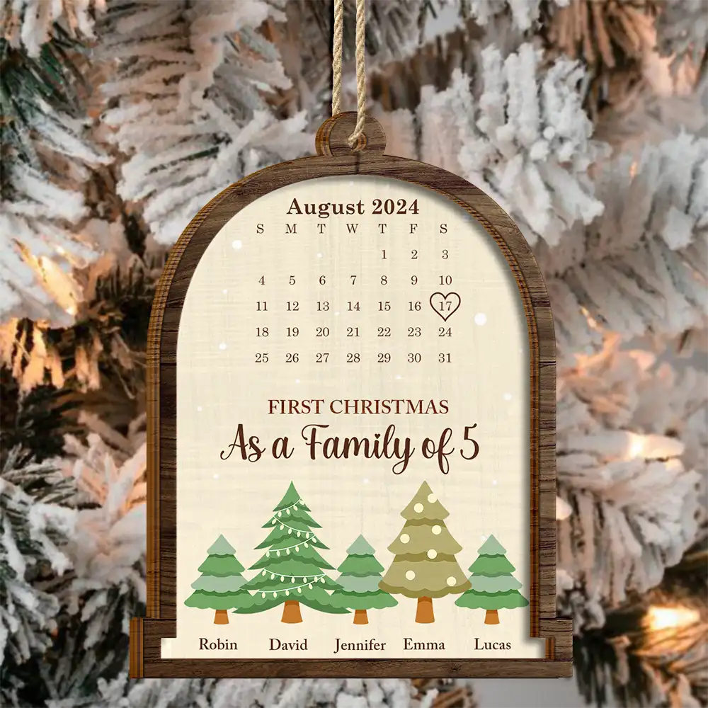 Calendar First Christmas As A Family Of Three - Personalized 2-Layered Wooden Ornament