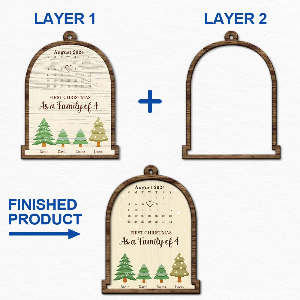 Calendar First Christmas As A Family Of Three - Personalized 2-Layered Wooden Ornament