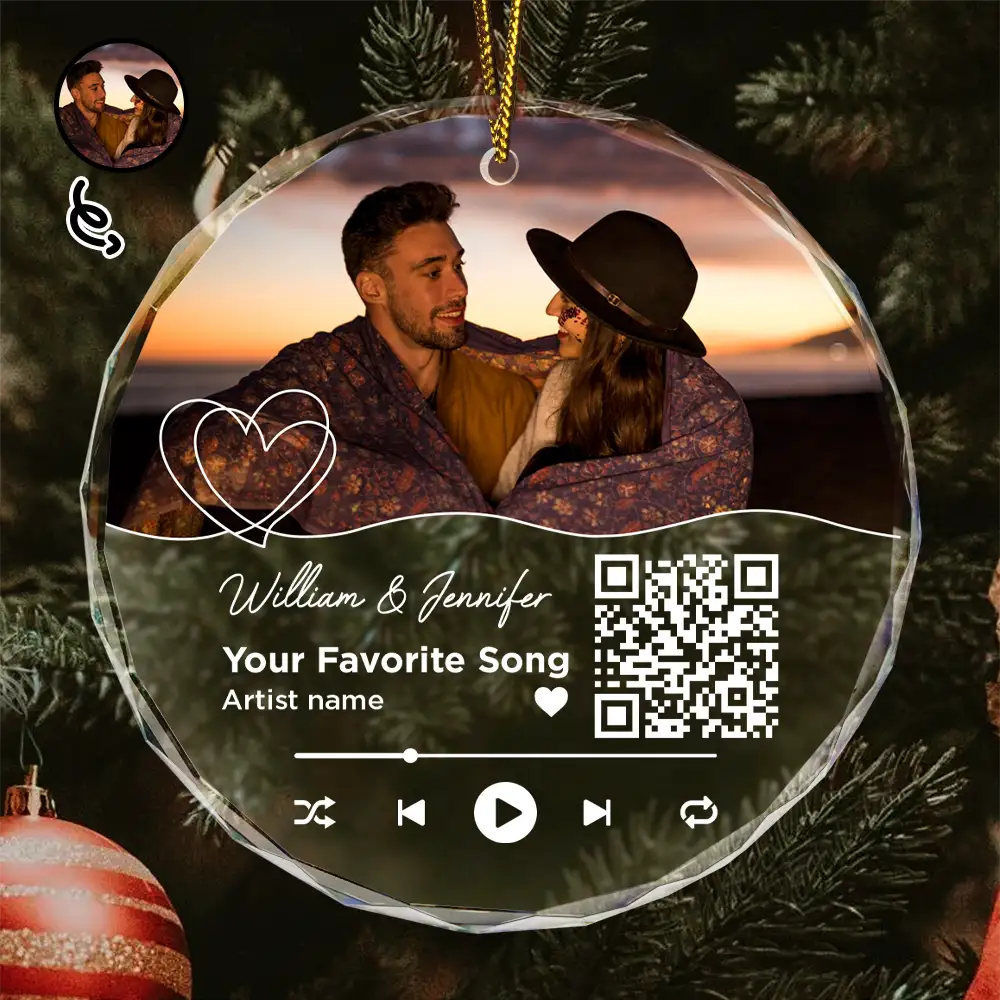 Christmas Custom Photo Song QR Code - Personalized Circle Glass Ornament