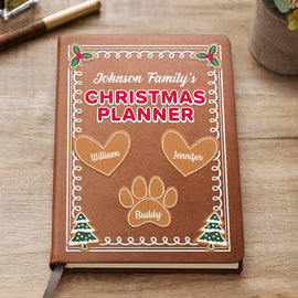 Gift For Couples, Family - Gingerbread Cookie Family Christmas Planner - Personalized Leather Journal