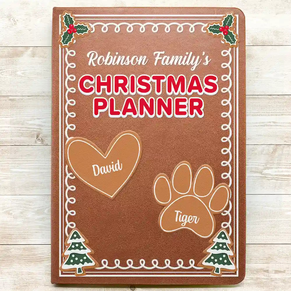 Gift For Couples, Family - Gingerbread Cookie Family Christmas Planner - Personalized Leather Journal