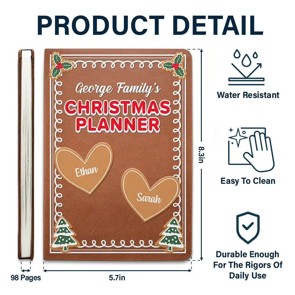 Gift For Couples, Family - Gingerbread Cookie Family Christmas Planner - Personalized Leather Journal