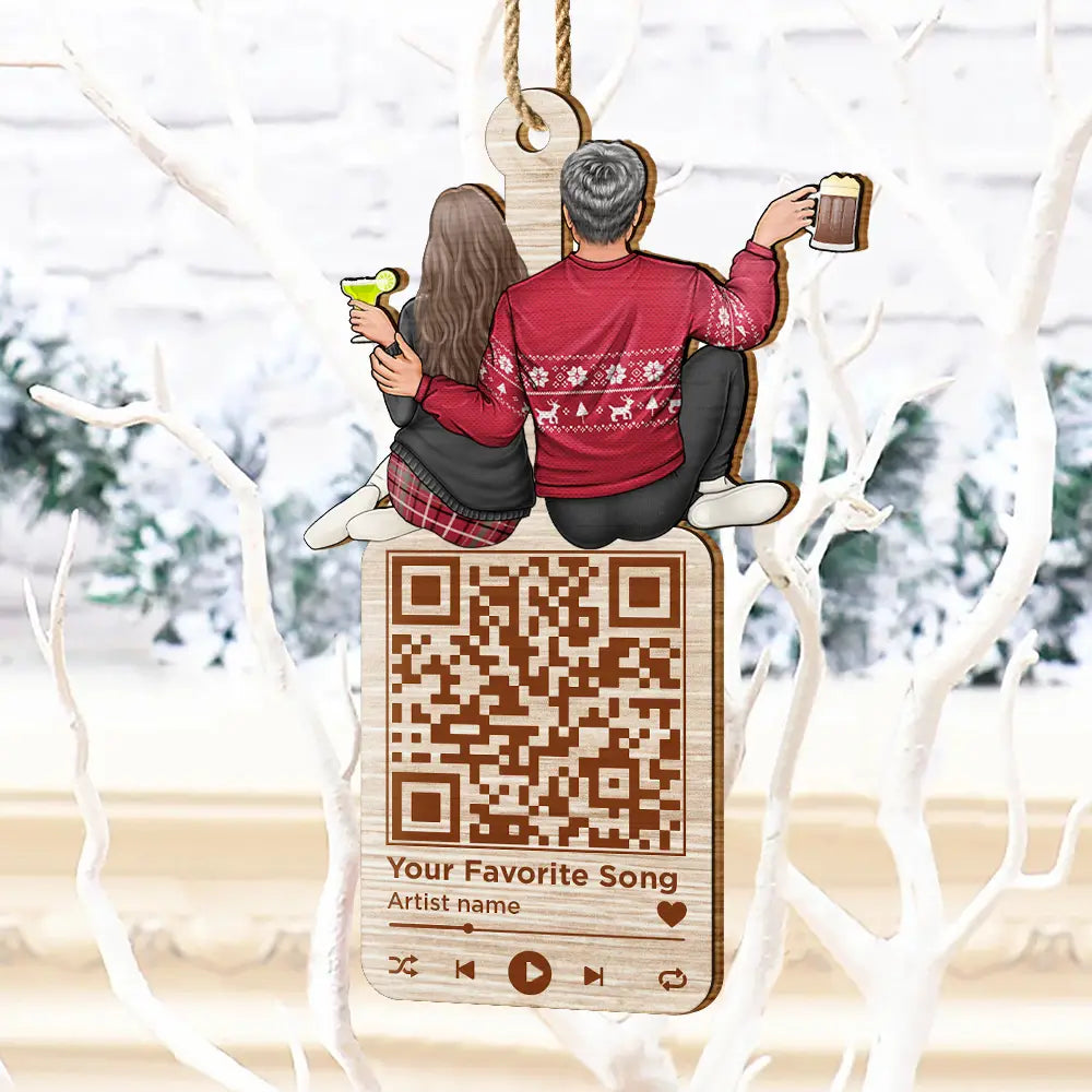 Gift For Couples - Christmas Couple QR Code Favorite Song - Personalized Wooden Cutout Ornament