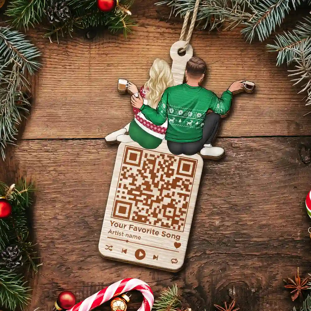 Gift For Couples - Christmas Couple QR Code Favorite Song - Personalized Wooden Cutout Ornament