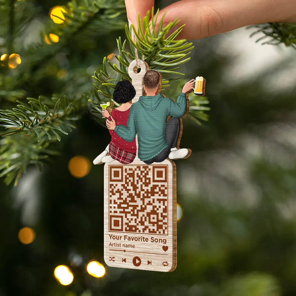 Christmas Couple QR Code Favorite Song - Personalized Wooden Cutout Ornament