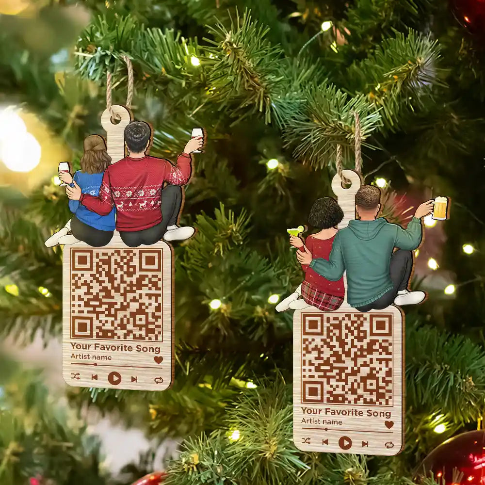 Christmas Couple QR Code Favorite Song - Personalized Wooden Cutout Ornament